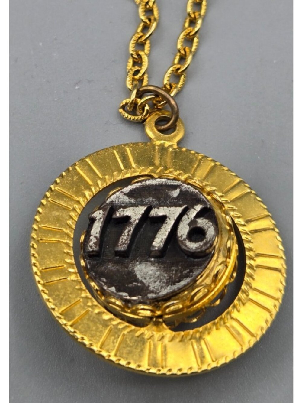 Reversible "1776" and "Liberty Bell" Medallion Pendant Necklace 24" Gold Tone